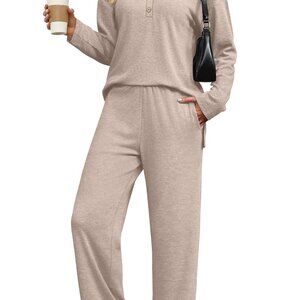 Soft Cashmere Brushed Lounge Set V-Neck Button Wide Leg Pants